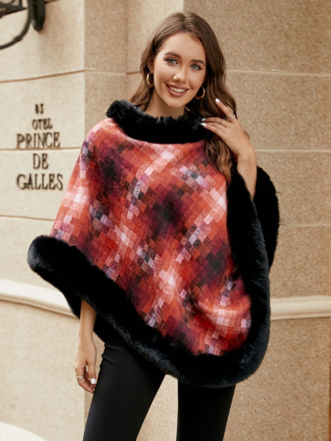 Faux Fur Trim Poncho.