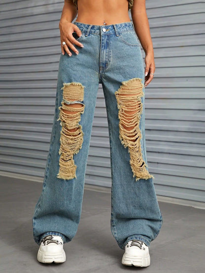 Distressed Wide Leg Jeans with Pockets