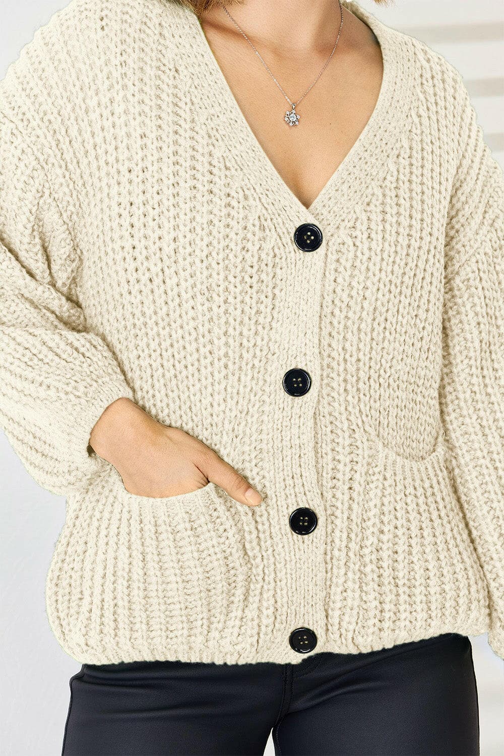 Pocketed Button Up Dropped Shoulder Cardigan.