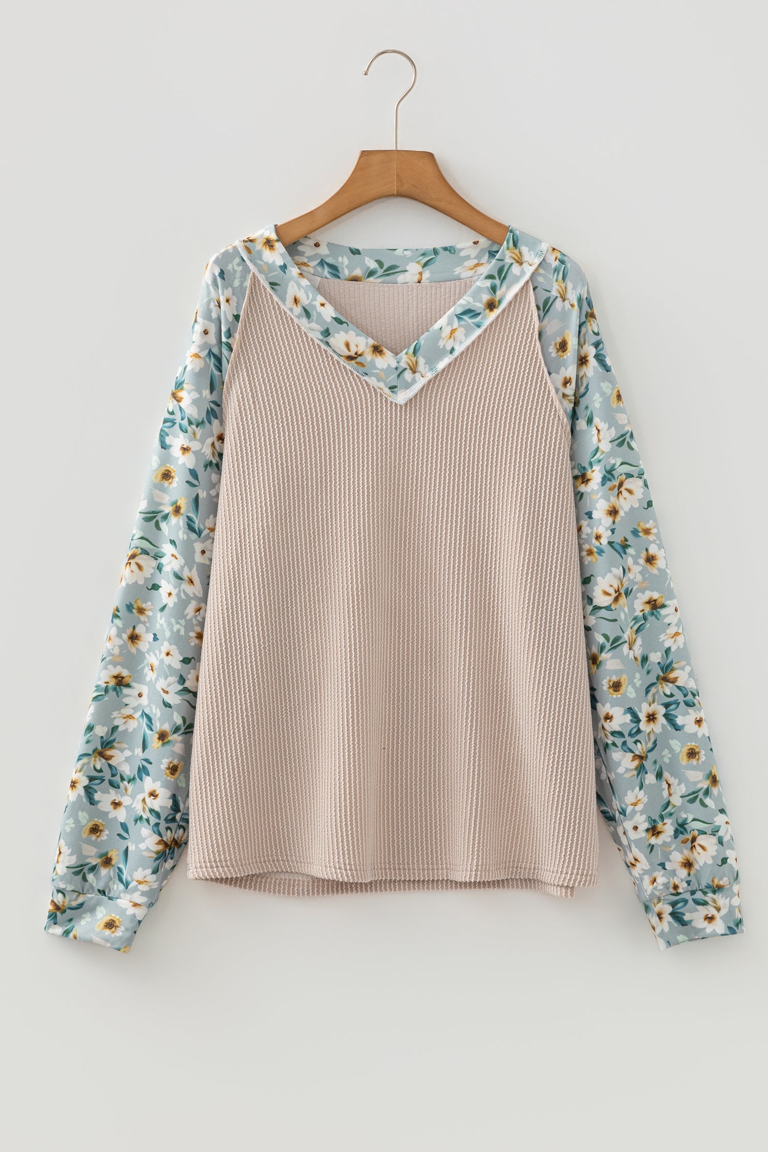 Parchment Twist Ribbed Floral Contrast Patchwork Long Sleeve Top Dear-Lover Dropshipping