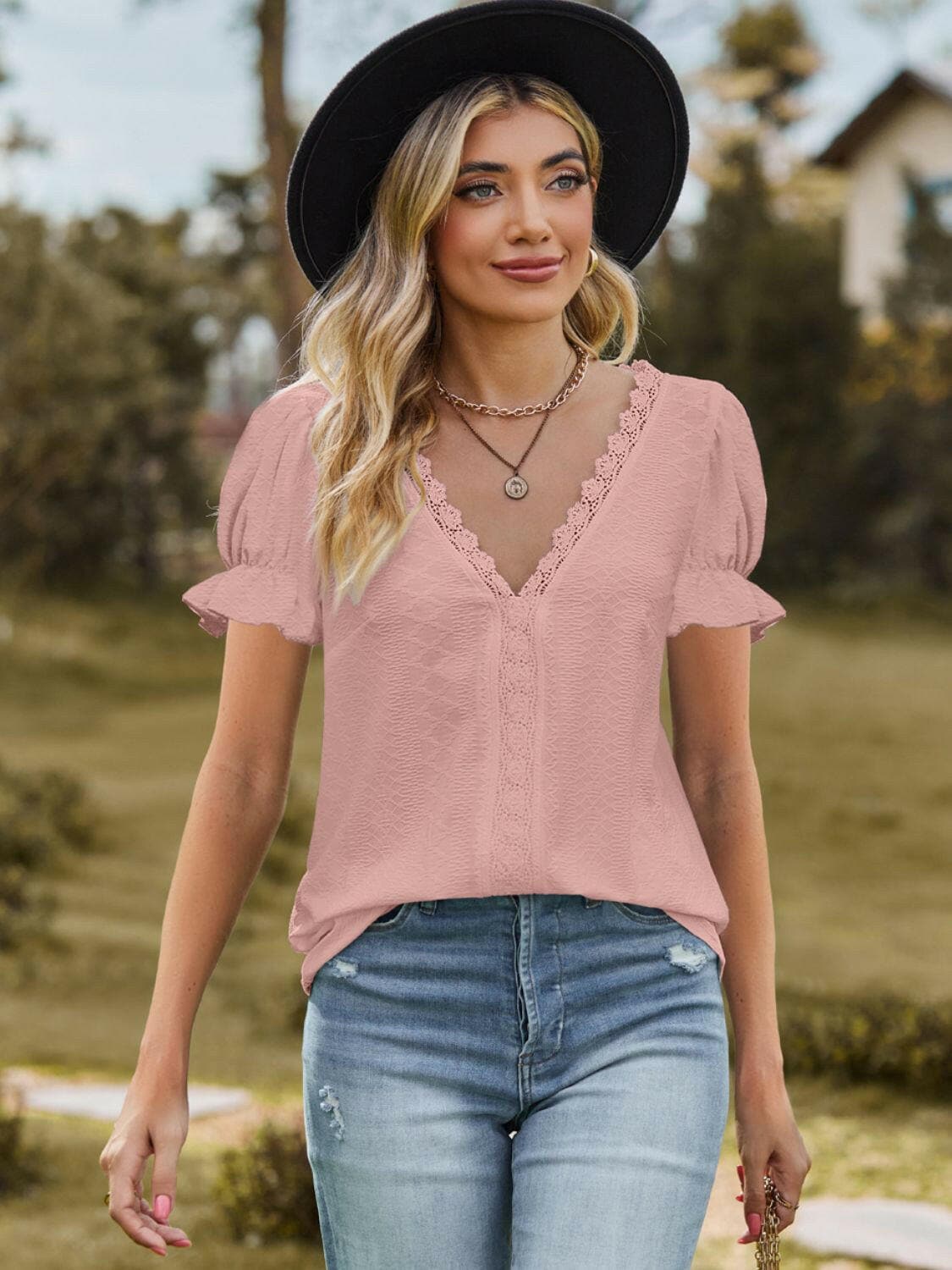 Lace Detail V-Neck Flounce Sleeve BlouseUpgrade Your Style with our Lace Detail V-Neck Blouse!
 
 
Chic Design: Elevate your look with the intricate lace detailing and flounce sleeves of this blouse.
 
VerLove Salve -Neck Flounce Sleeve BlouseShirts