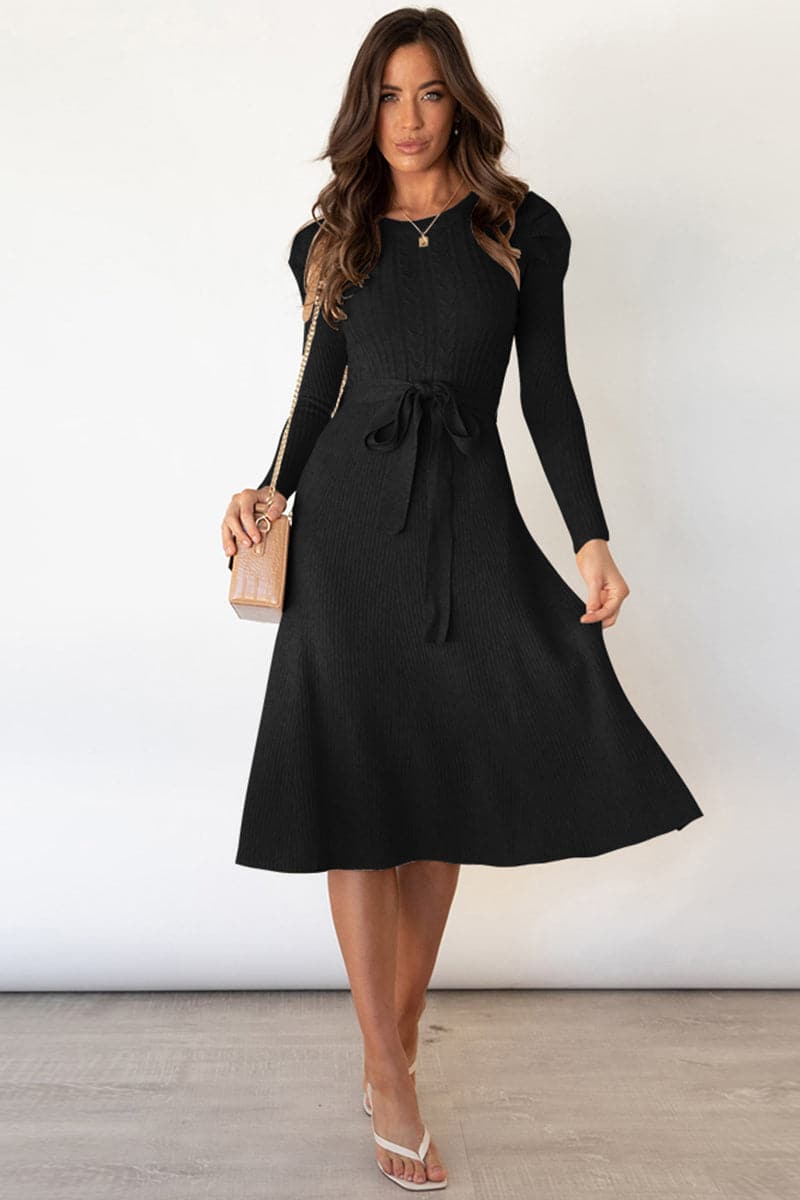 Round Neck Long Sleeve Tie Waist Sweater Dress.