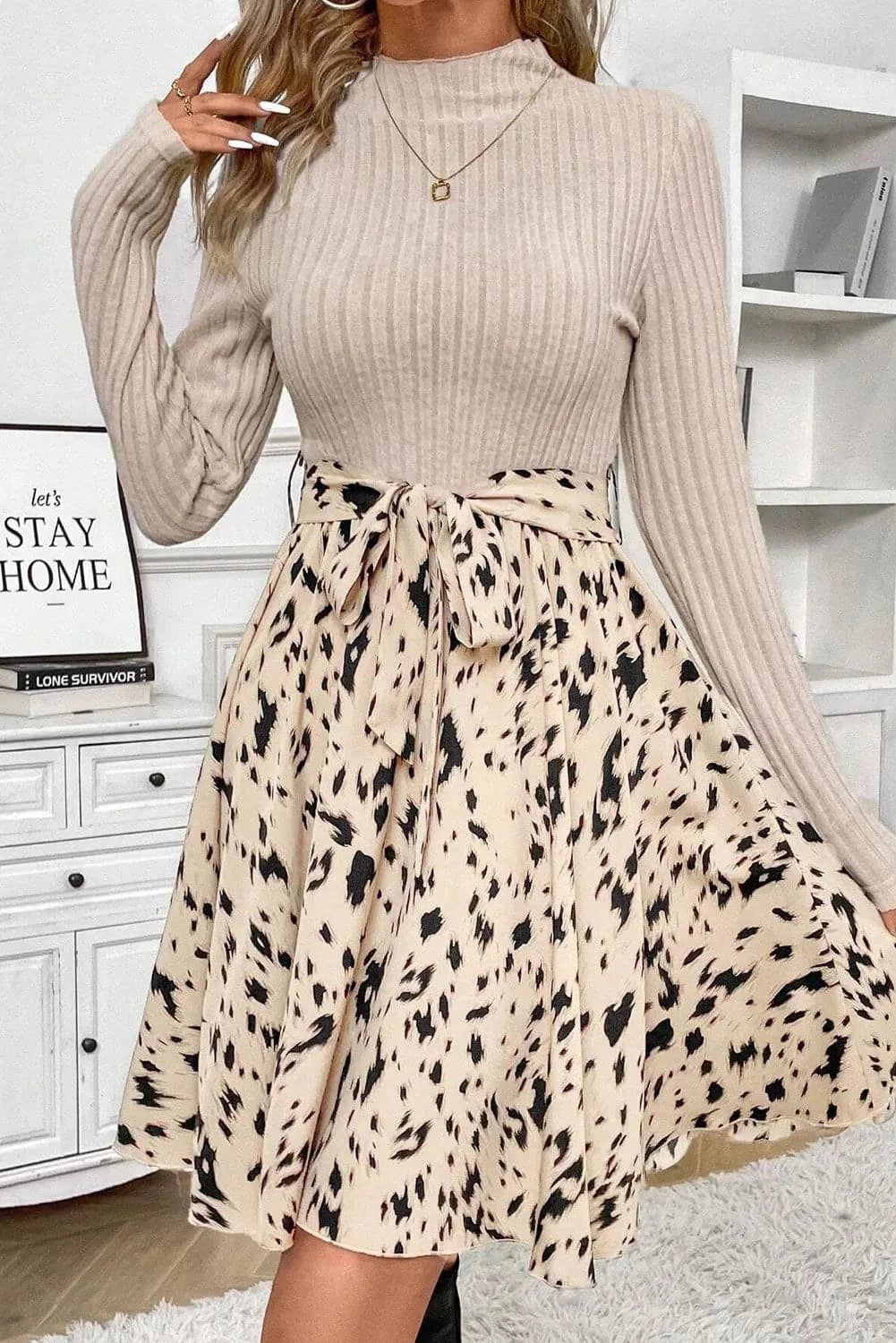 Tied Printed Mock Neck Long Sleeve Dress.