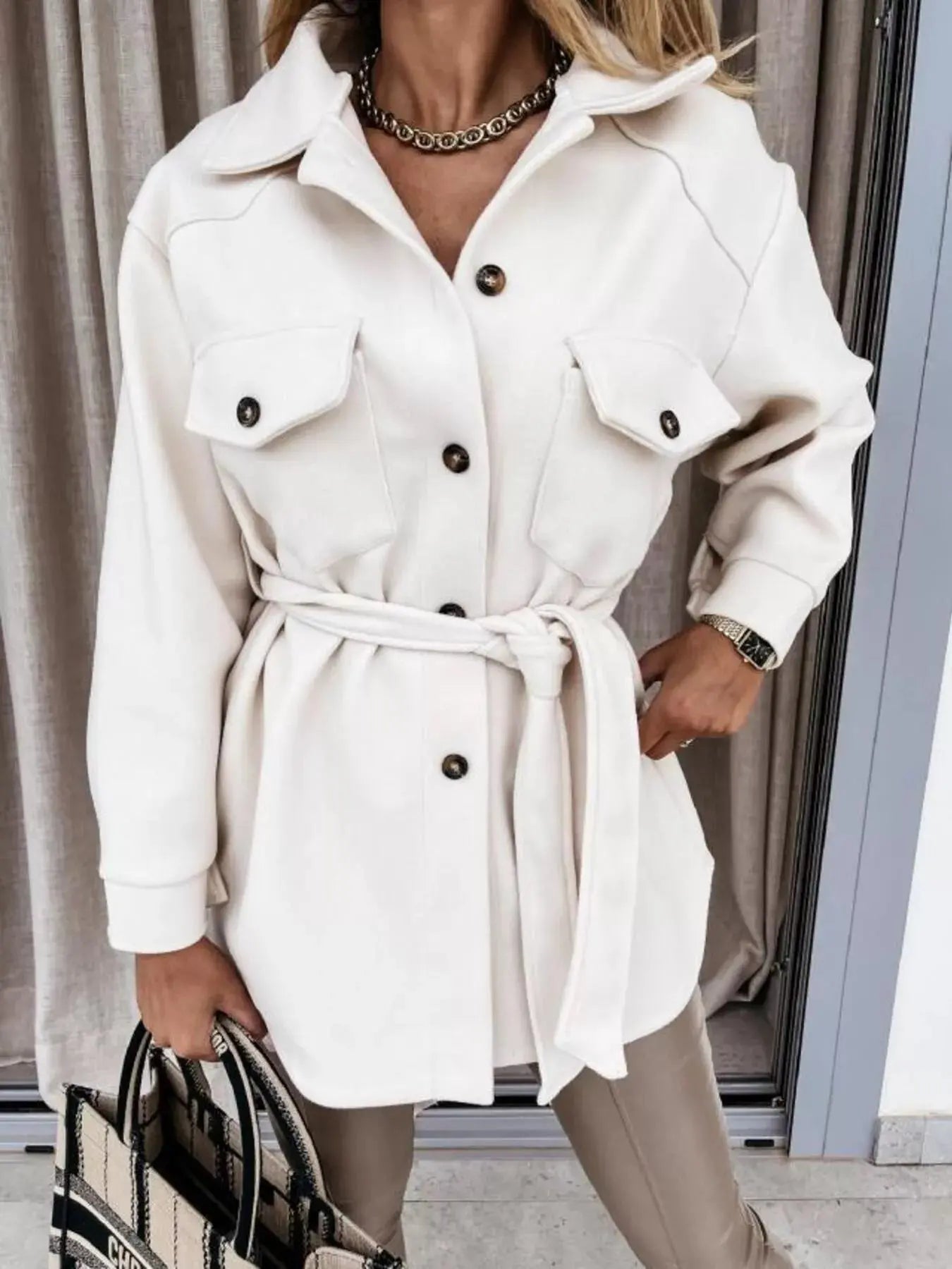 Button-Down Tie Waist Coat Simply Love