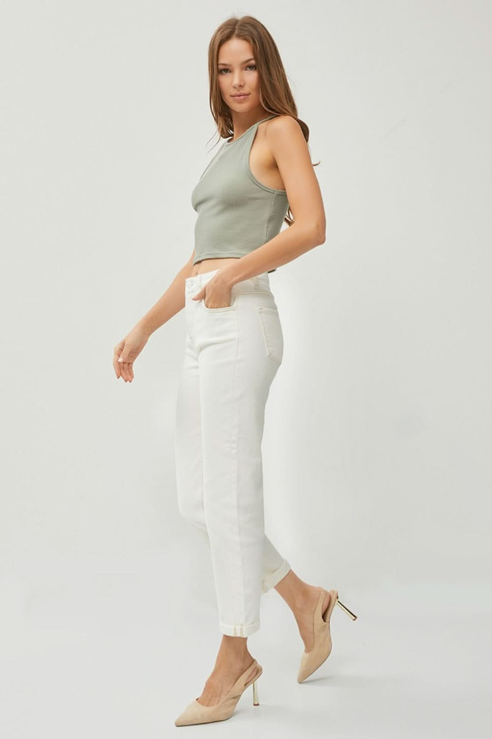 Elevate your style with high waist rolled hem straight jeans