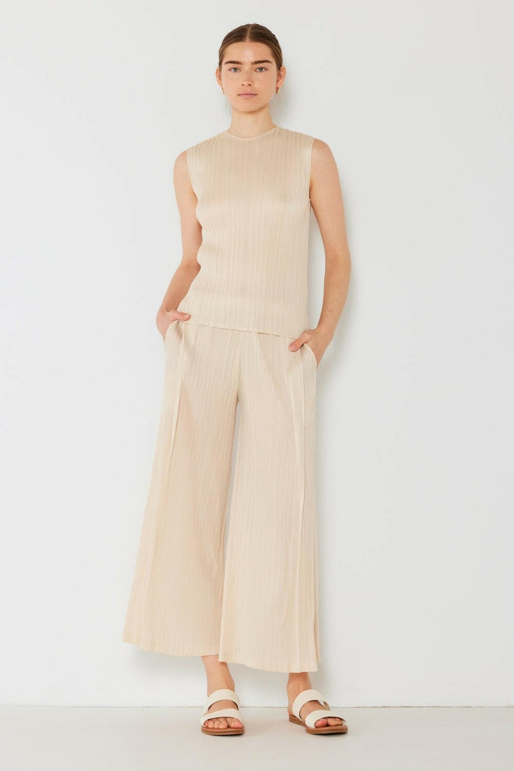 Marina West Swim Pleated Wide-Leg Pants with Side Pleat Detail.