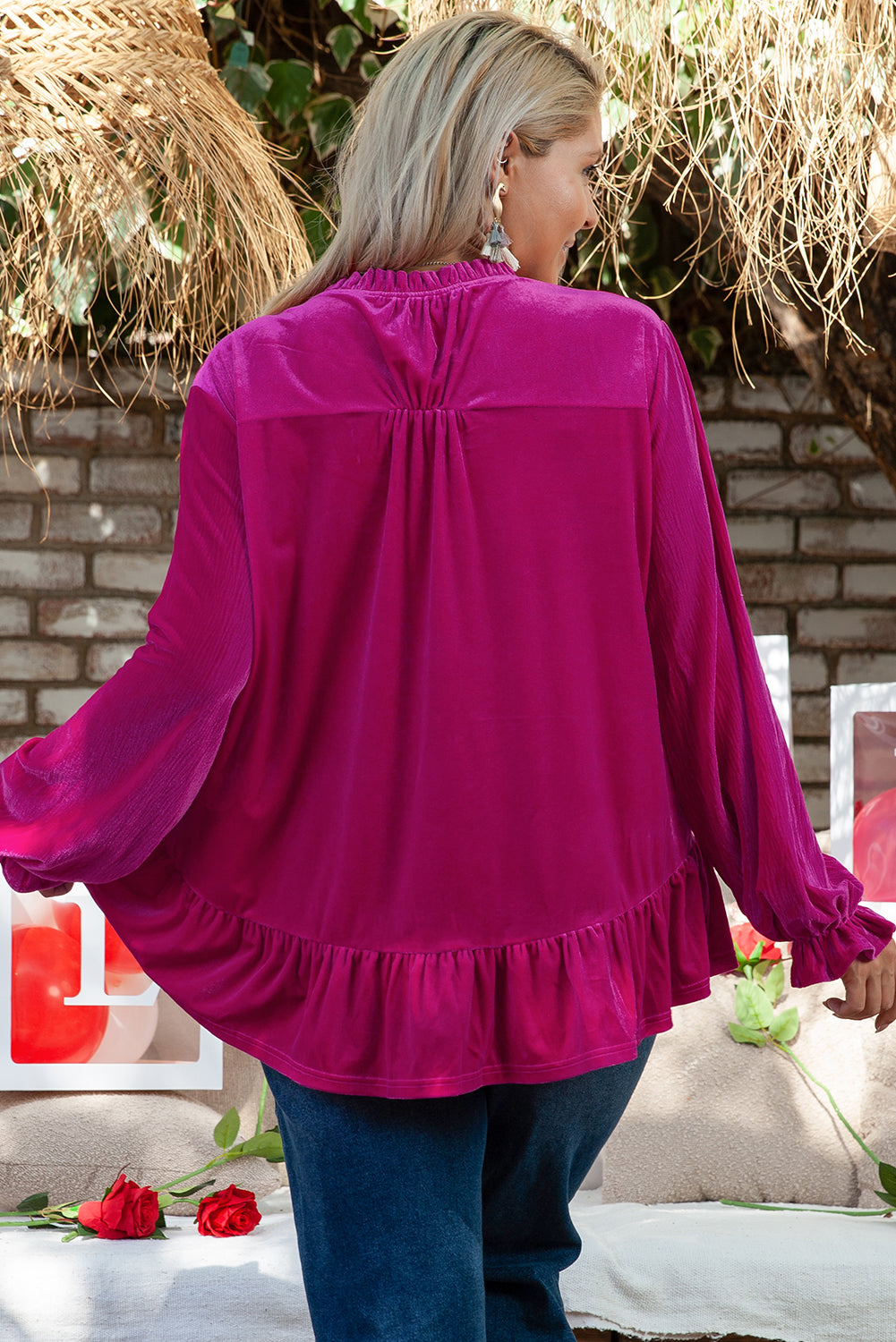 Chic bright pink velvet blouse with ruffled sleeves for plus sizes