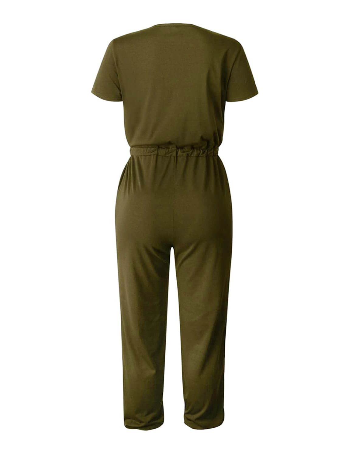 Drawstring Surplice Short Sleeve Jumpsuit.