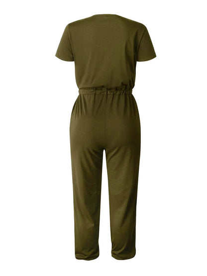 Drawstring Surplice Short Sleeve Jumpsuit.