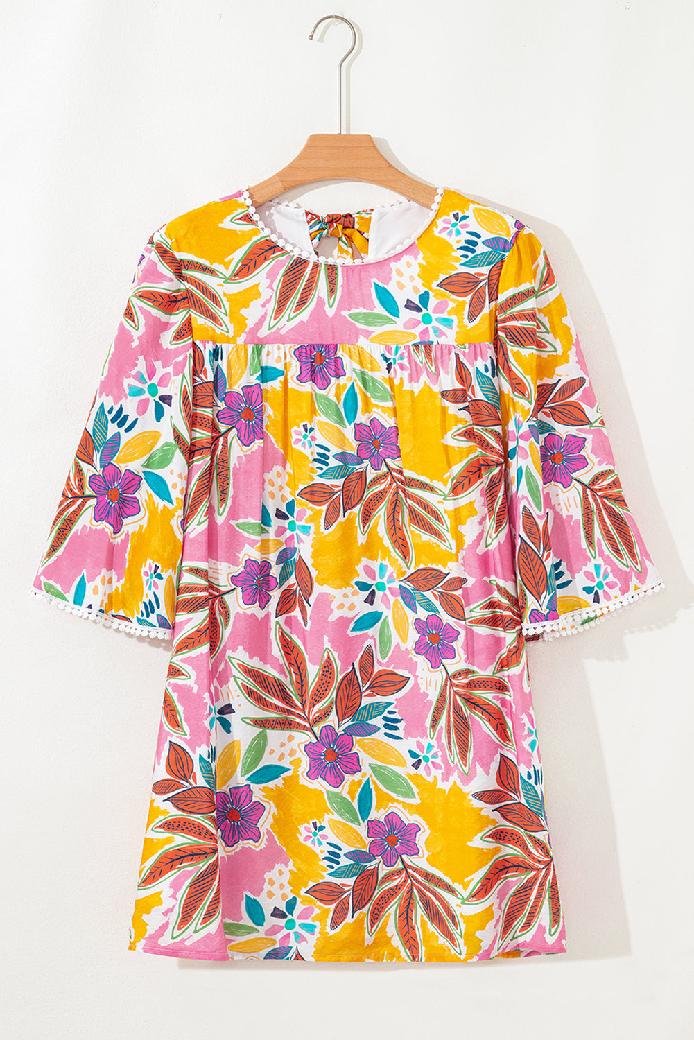 Premium Pink Floral Print Lace Trimmed Tie Back Bell Sleeve Dress Dear-Lover Dropshipping