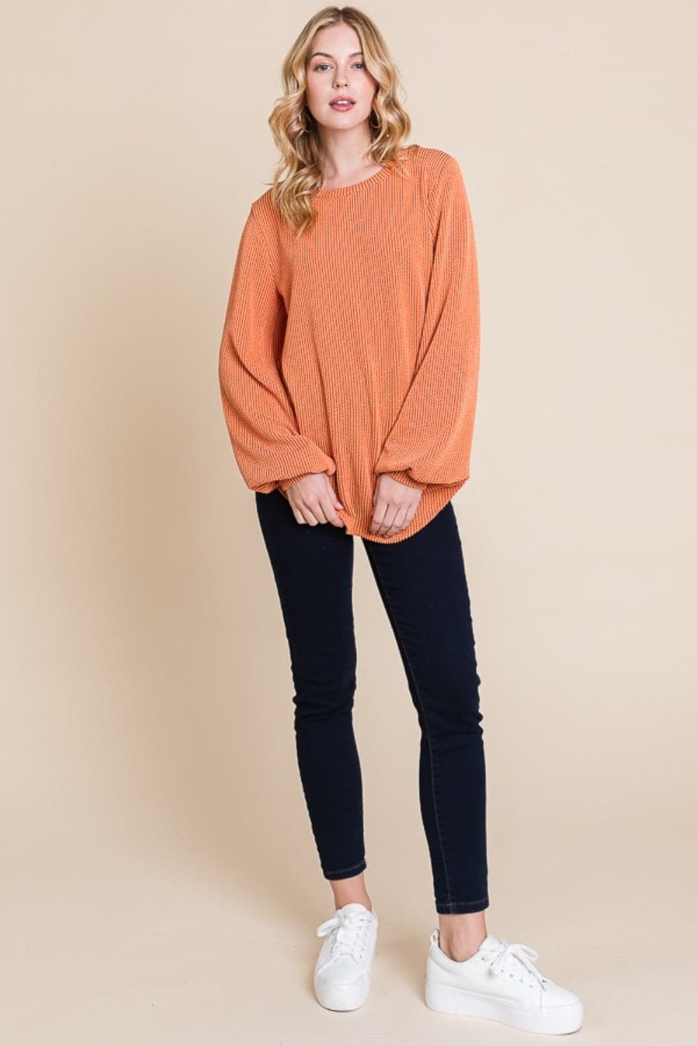 BOMBOM Long Sleeve Curved Hem Ribbed T-Shirt.