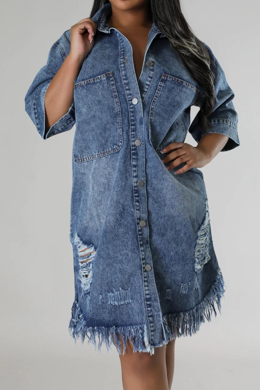 Distressed Raw Hem Button Up Denim Dress.