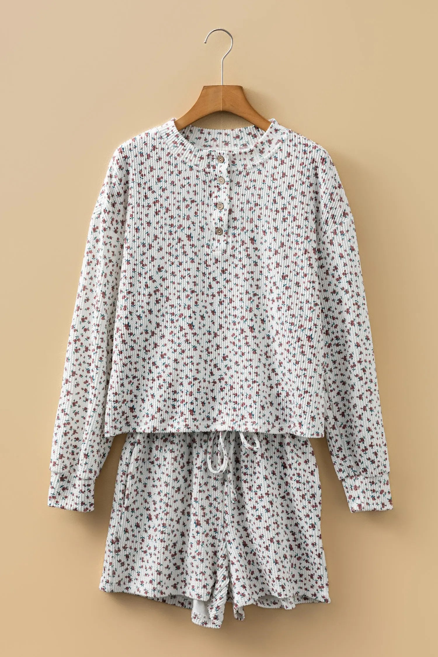 White Spiral Ribbed Floral Print Long Sleeve Henley Top Drawstring Short Set Dear-Lover Dropshipping