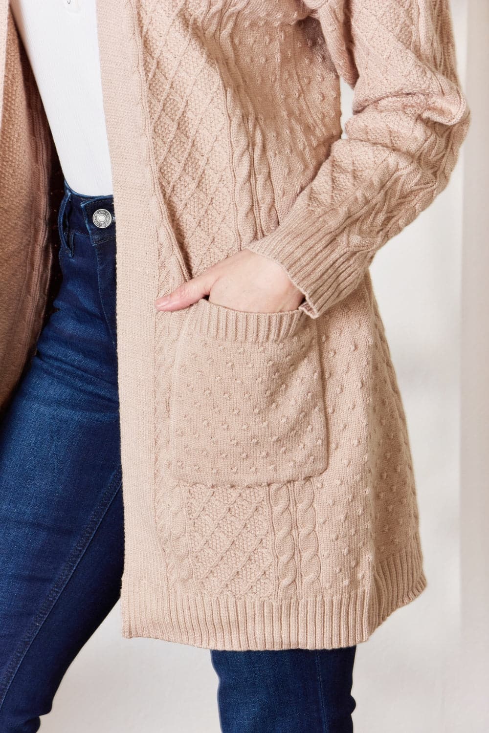 Hailey & Co Full Size Cable-Knit Pocketed Cardigan.