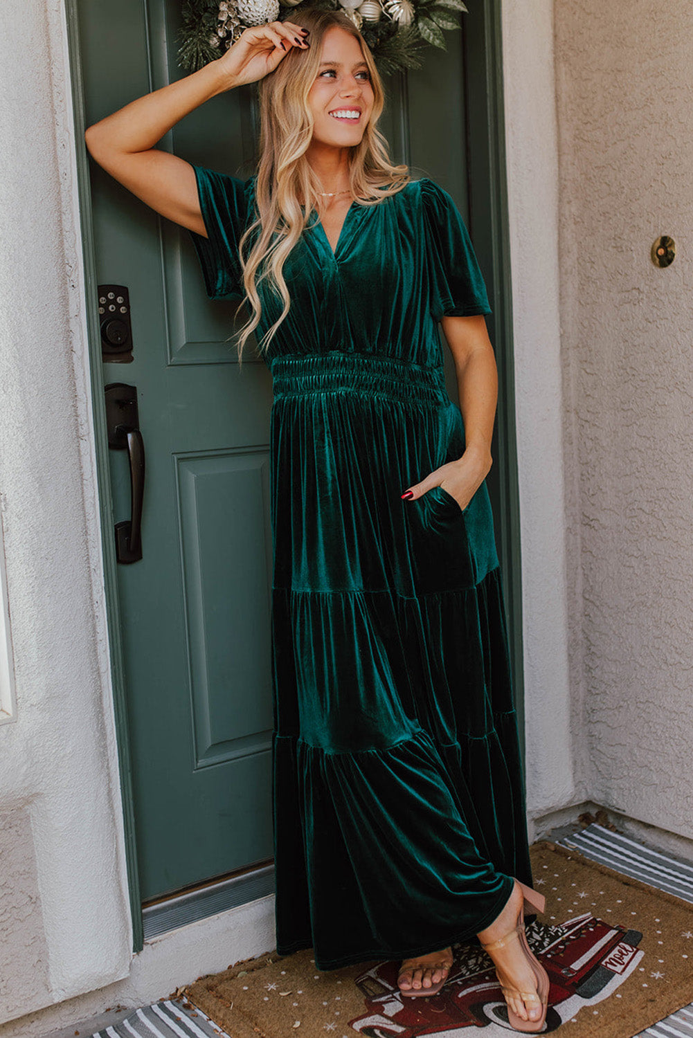 Evergreen velvet tiered maxi dress with shirred waist and short sleeves