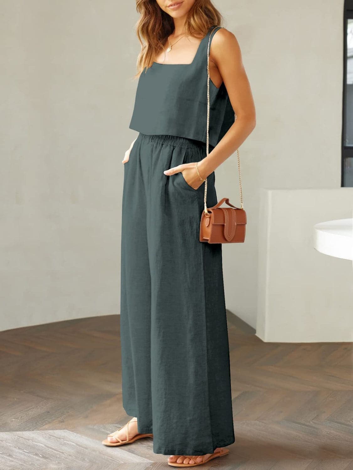 Square Neck Top and Wide Leg Pants Set.