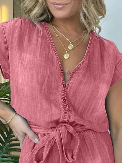 Full Size Tie Waist Cap Sleeve Denim Romper Plus Size