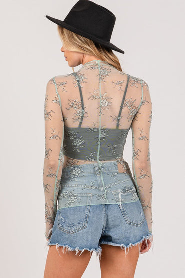 SAGE + FIG Mesh Long Sleeve Sheer Floral Embroidery Top.