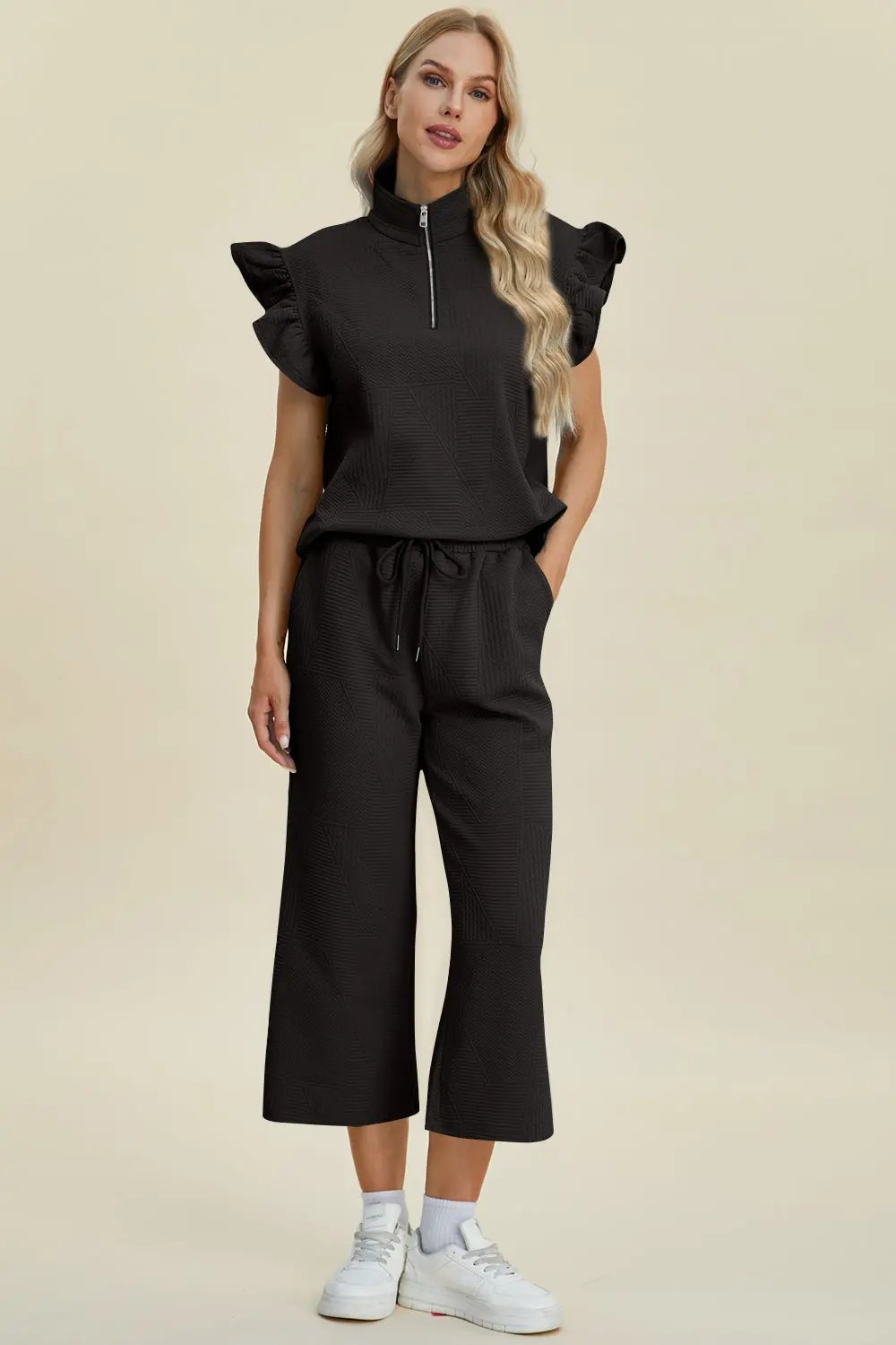 Double Take Full Size Texture Ruffle Short Sleeve Top and Wide Leg Pants Set - Love Salve