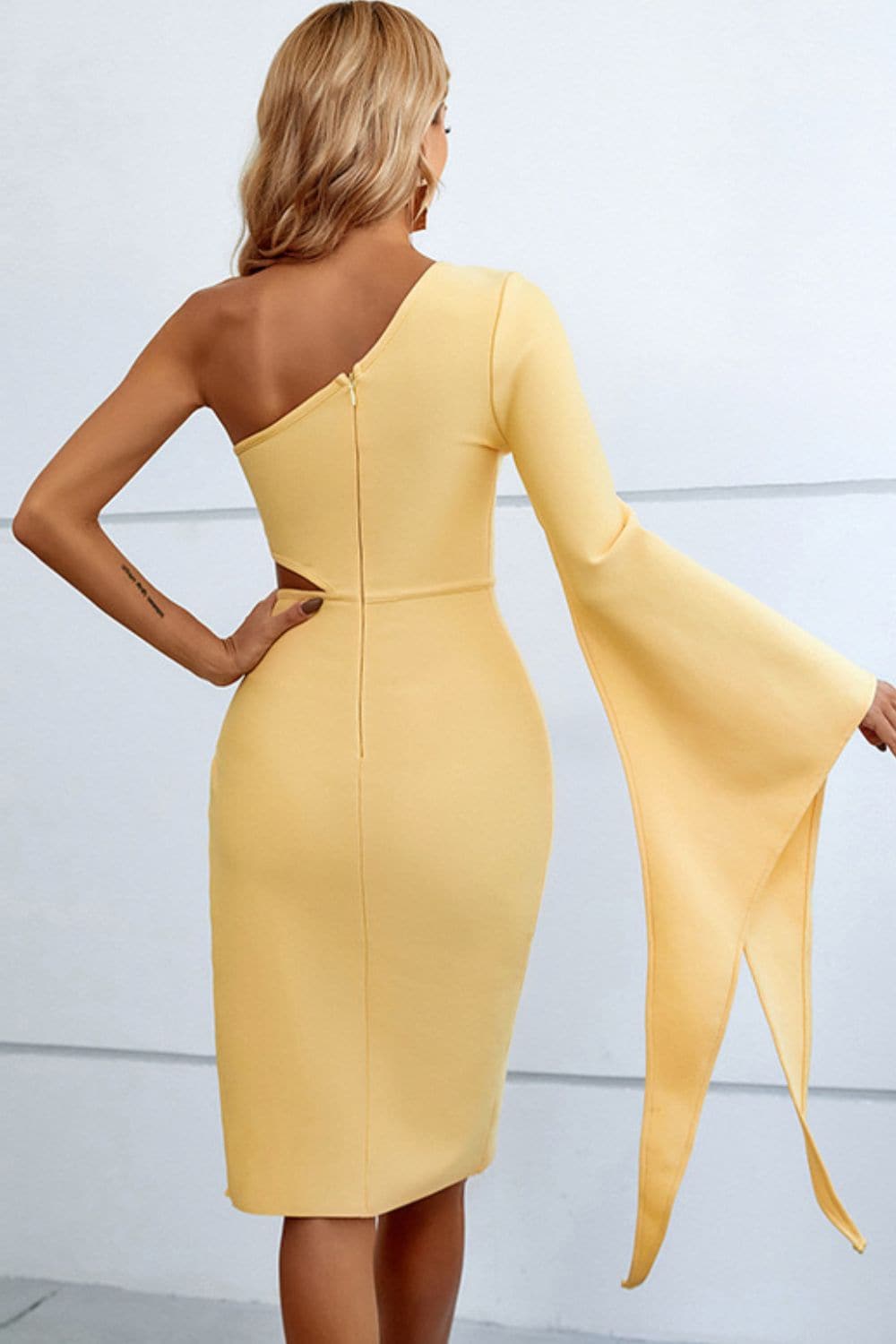 Cutout Split Flare Sleeve One-Shoulder Dress.