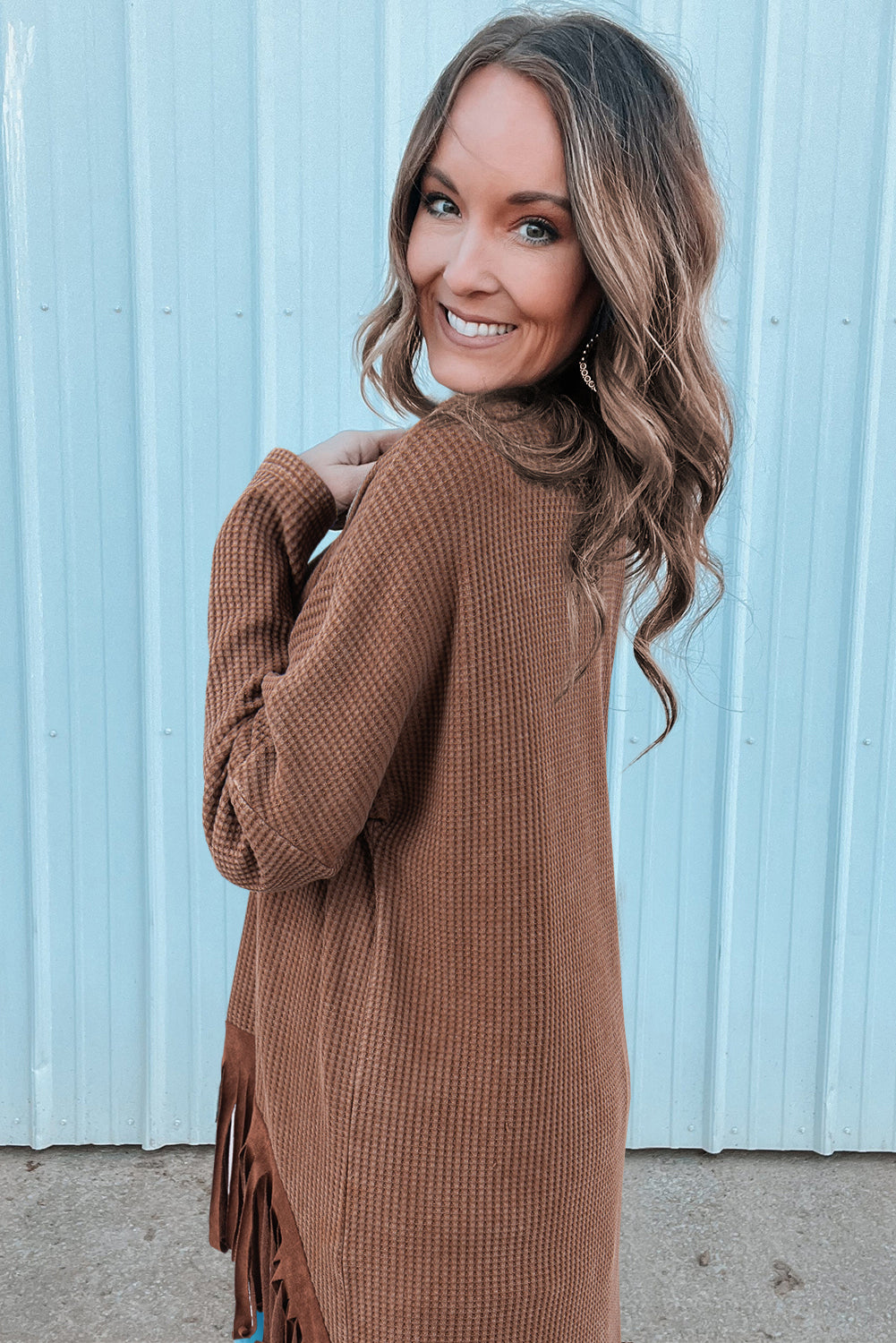 Chic coffee knit top with fringe