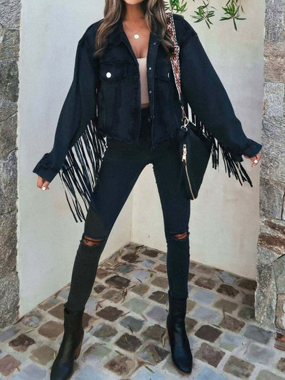 Fringed denim jacket with pockets