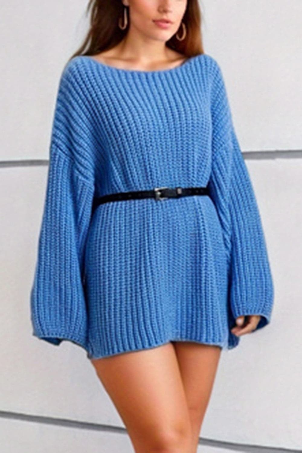 Boat Neck Dropped Shoulder Mini Sweater Dress.