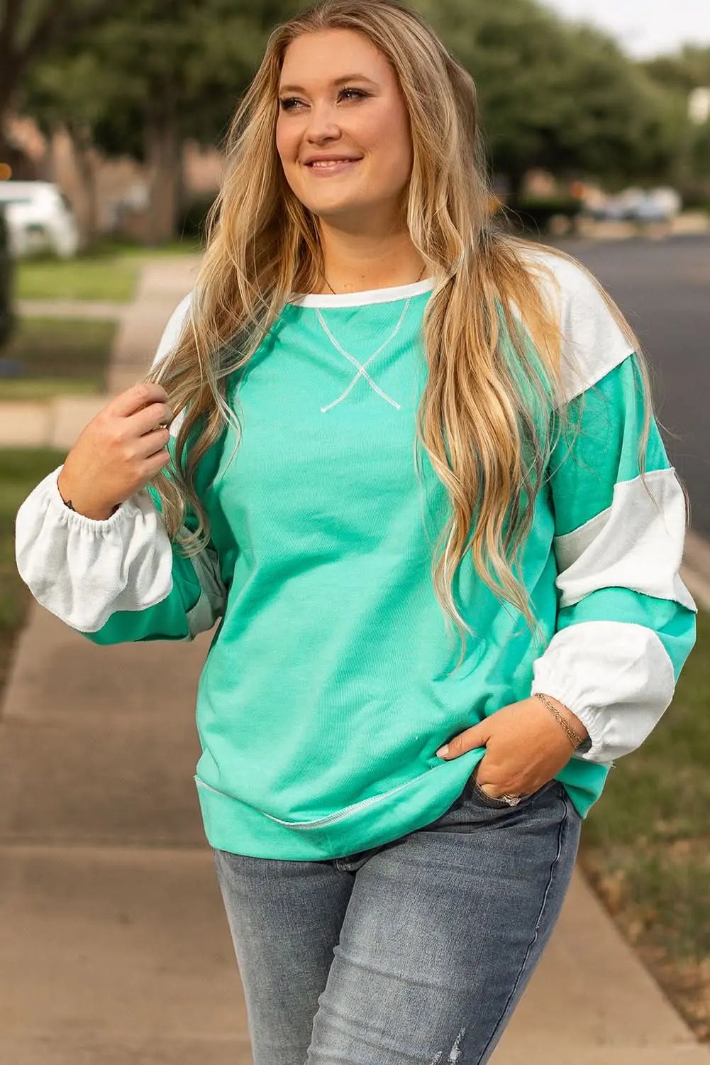 Aruba blue patchwork plus sweatshirt - Love Salve 