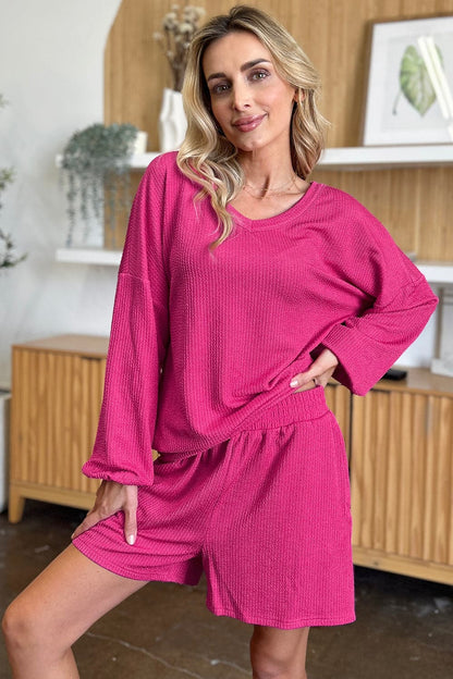 Double Take Full Size Texture V-Neck Long Sleeve T-Shirt and Shorts Set.