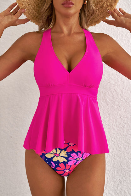 Floral Rose V Neck Two-Piece Ruffled Tankini Set