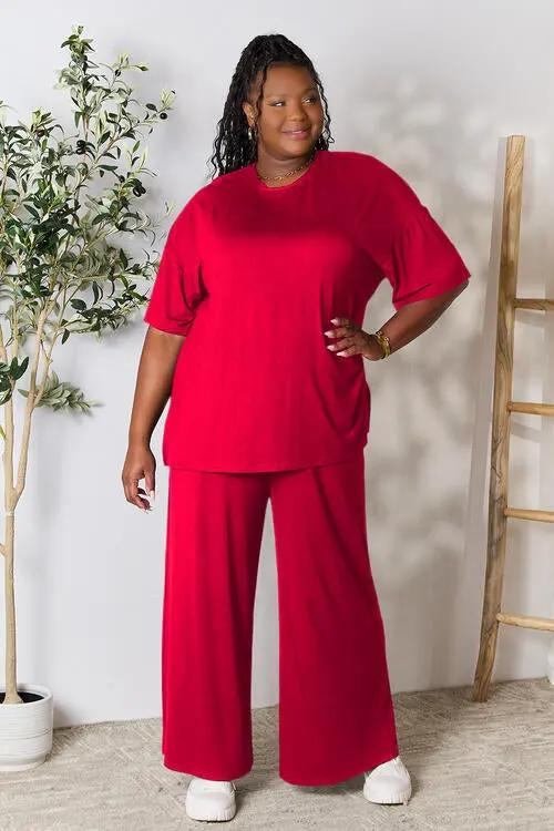 Double Take Full Size Round Neck Slit Top and Pants Set - Love Salve