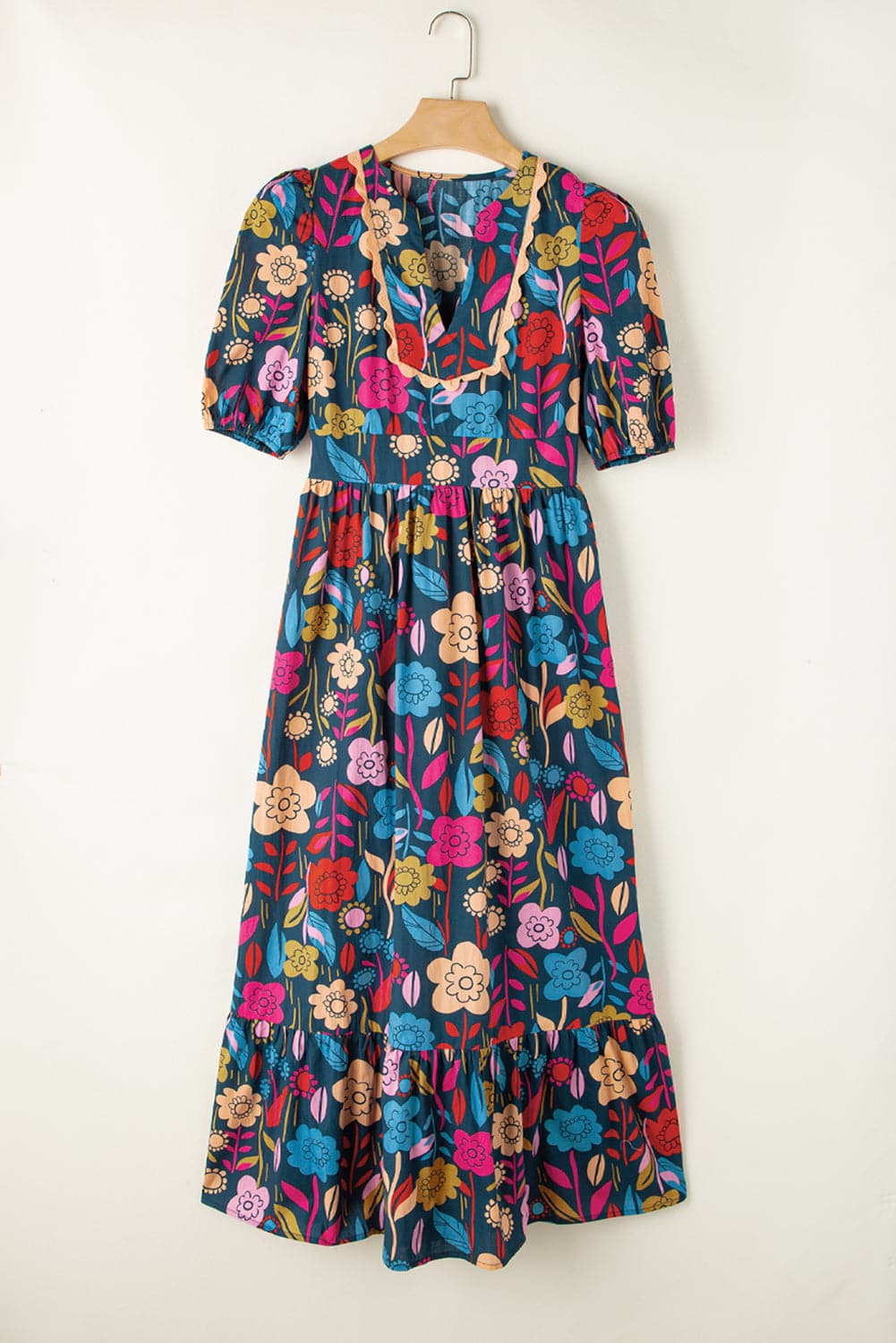 Printed Notched Puff Sleeve Midi Dress.