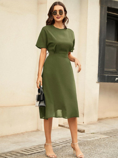 Round Neck Short Sleeve Midi Dress.