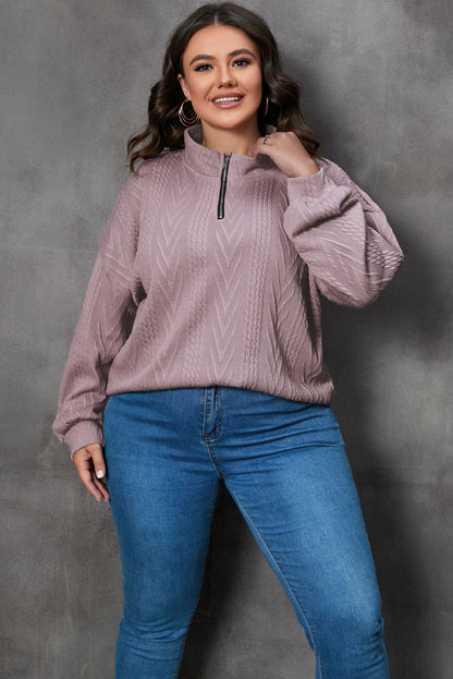 Curvy chic textured knit zip-up pullover