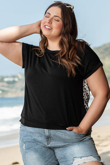 Cheetah print back plus size rolled cuff tee in black