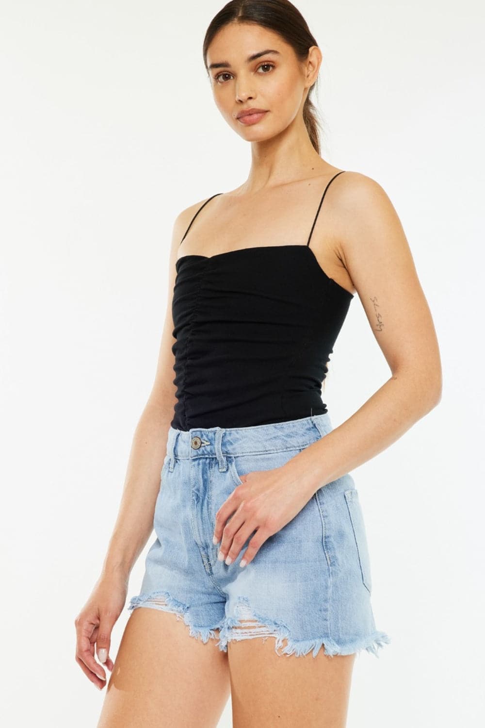 Kancan Raw Hem Distressed High Waist Denim Shorts.