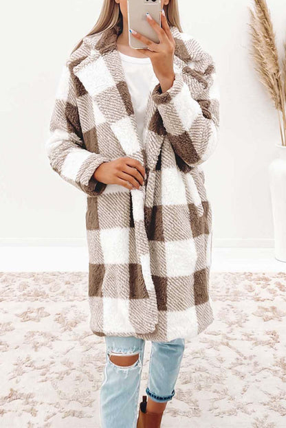 Chic brown plaid open front coat with lapel collar