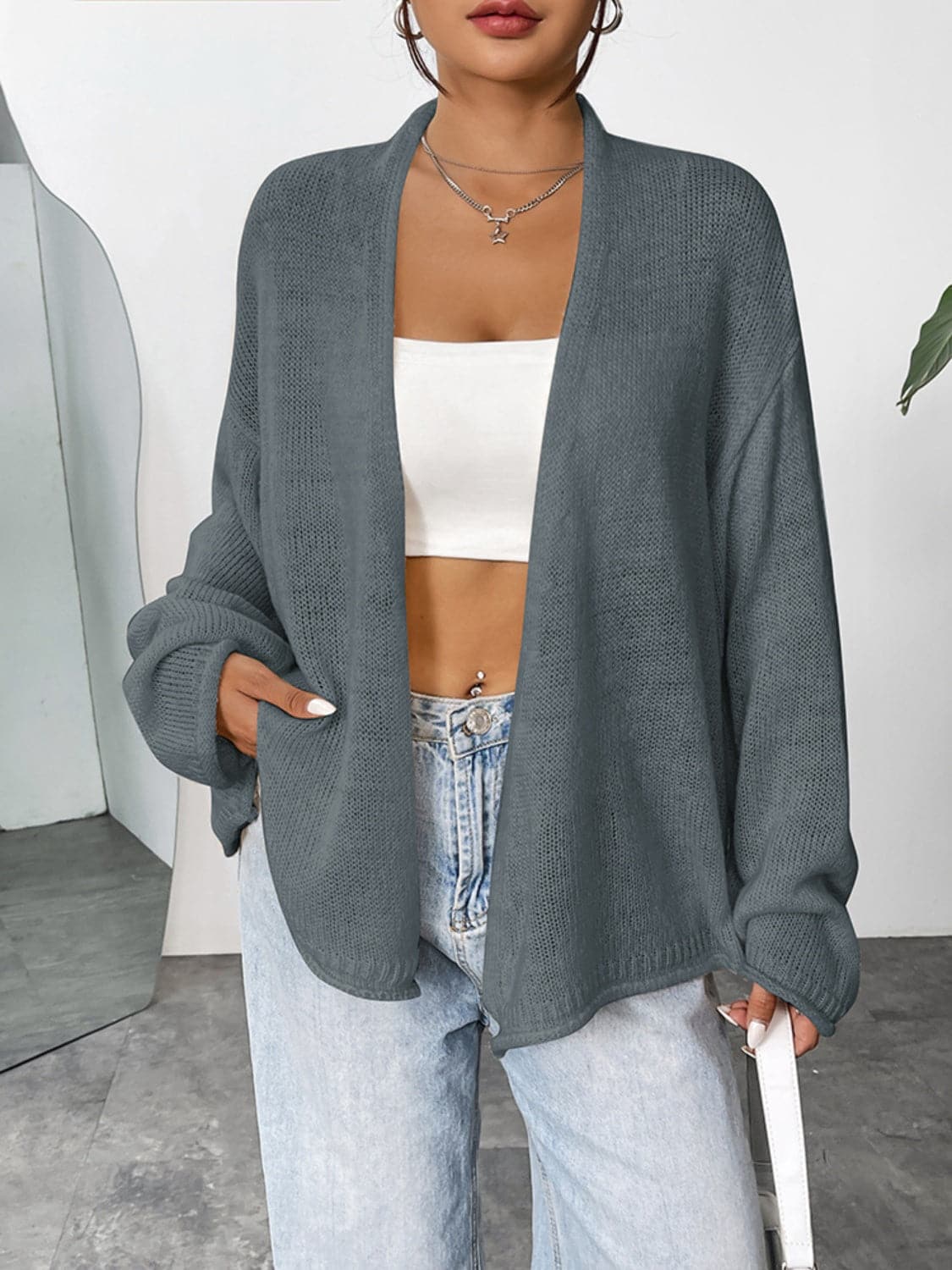 Open Front Dropped Shoulder Cardigan.