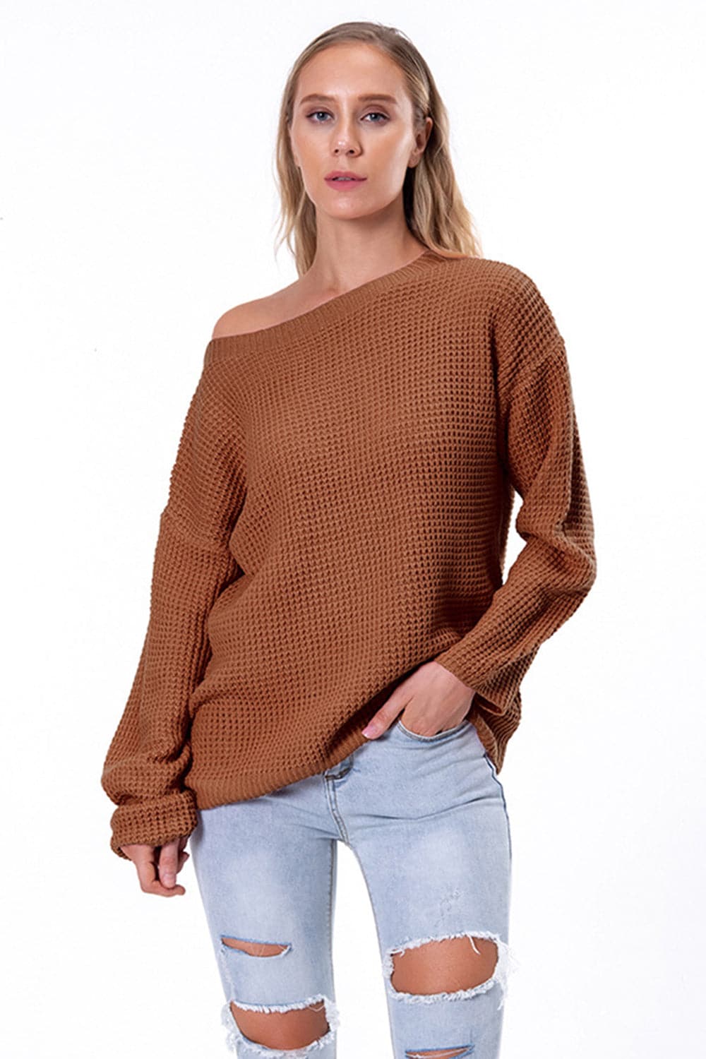 Boat Neck Drop Shoulder Long Sleeve Sweater.