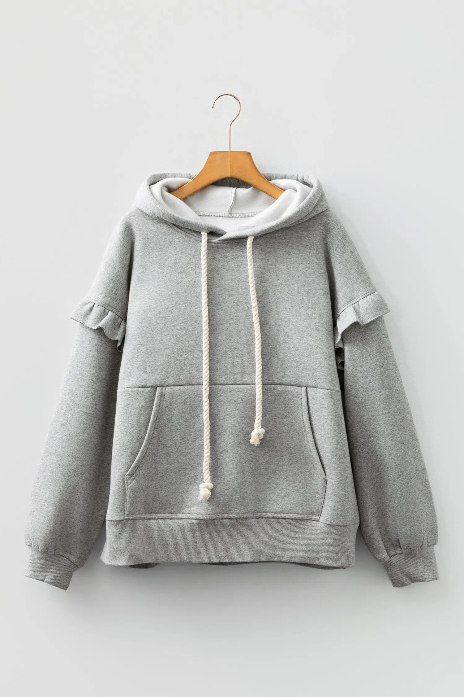 Gray Contrast Rope Drawstring Baggy Hoodie With Ruffle Trim Drop Shoulder Dear-Lover Dropshipping