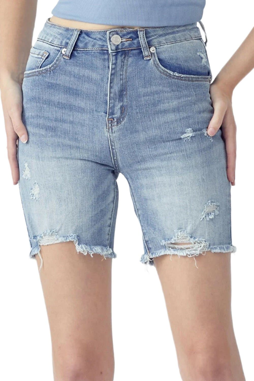 RISEN High Rise Distressed Denim Shorts.