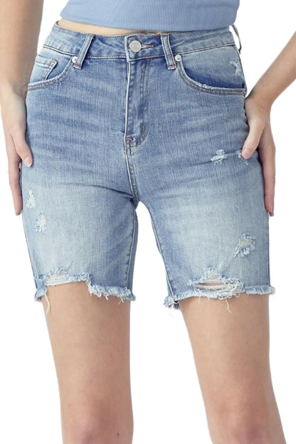 RISEN High Rise Distressed Denim Shorts.