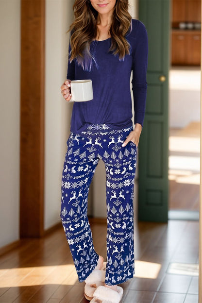 Chic round neck long sleeve top and stylish printed pants lounge set