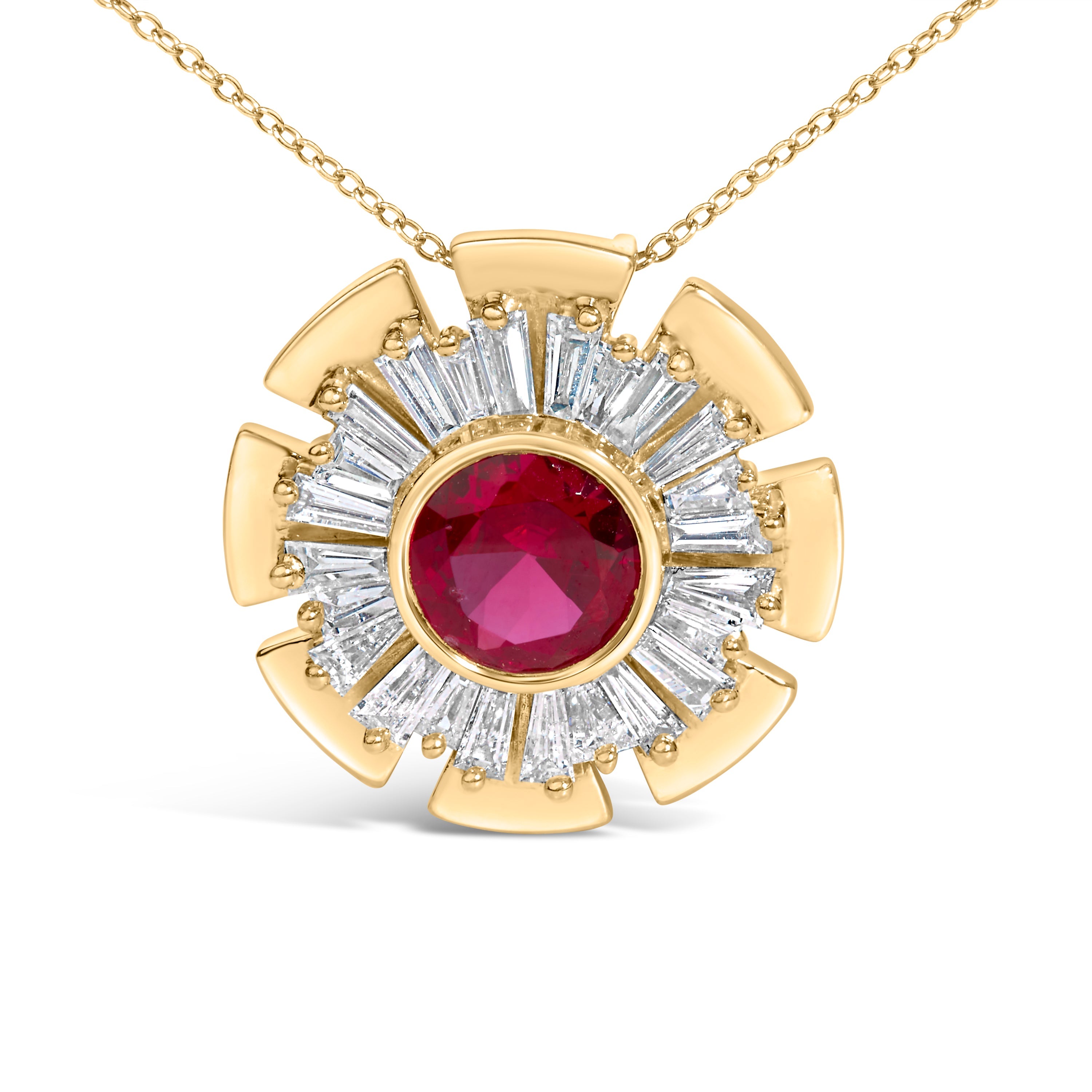 14K Yellow Gold Plated Silver Created Red Ruby and Diamond Baguette Medallion Pendant Necklace
