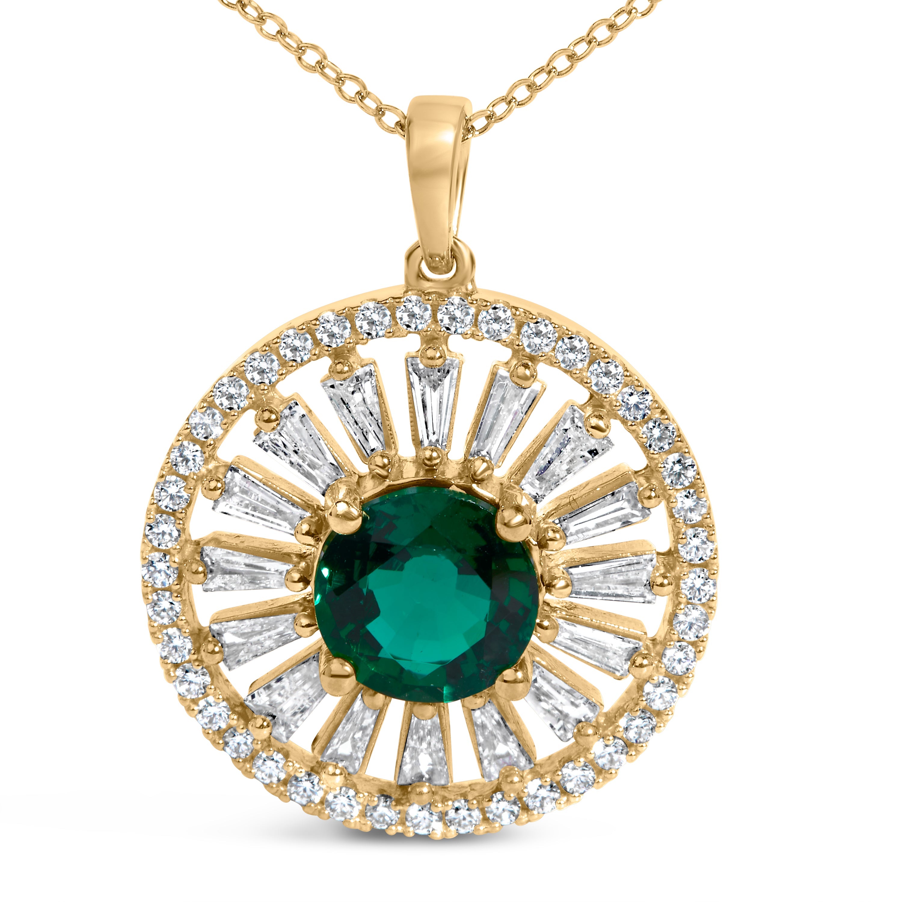 14K Yellow Gold Plated Sterling Silver Lab Grown Emerald and Diamond Sunburst Medallion Pendant Necklace