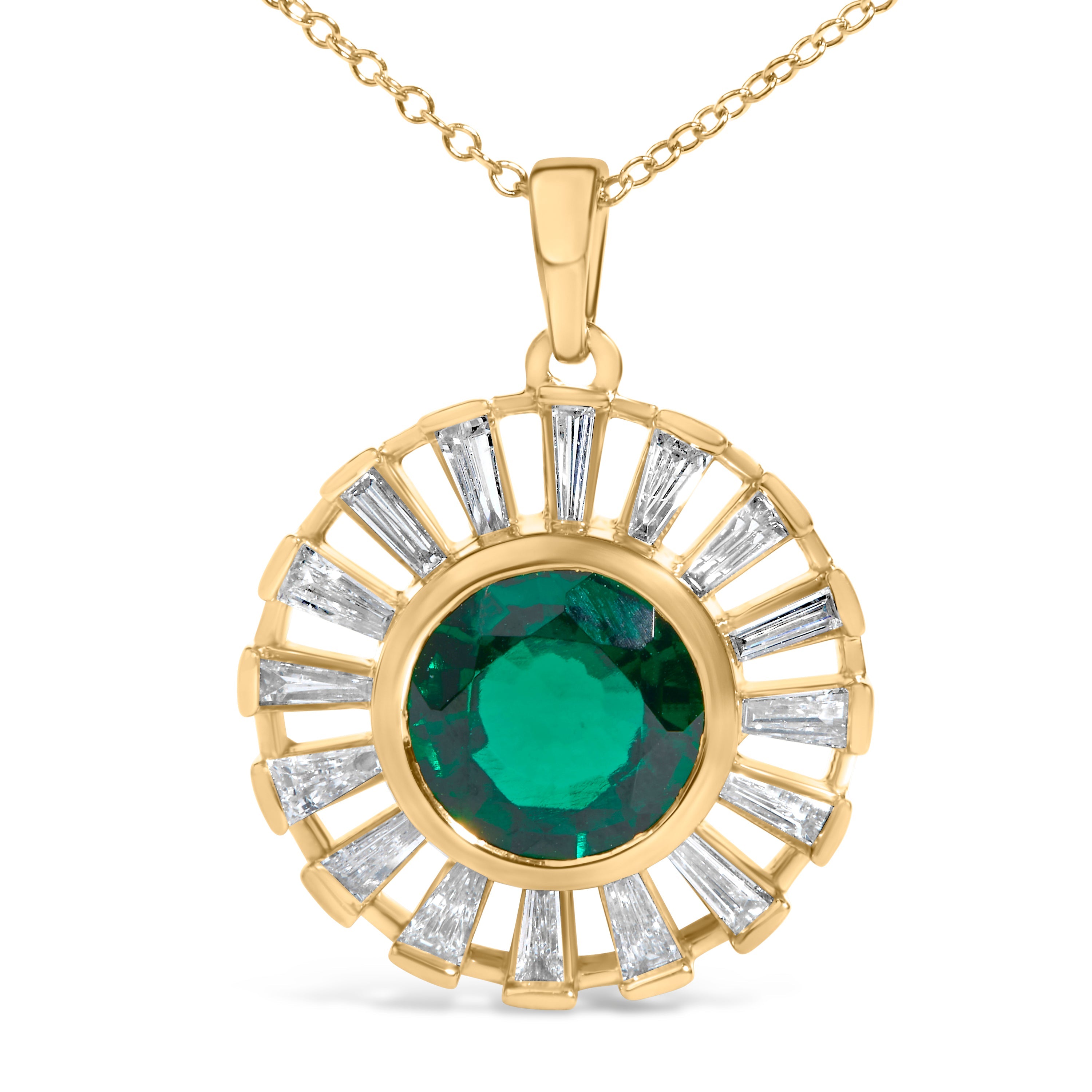 14K Yellow Gold Plated Sterling Silver Lab Grown Emerald and Baguette Diamond Sunburst Medallion Pendant Necklace