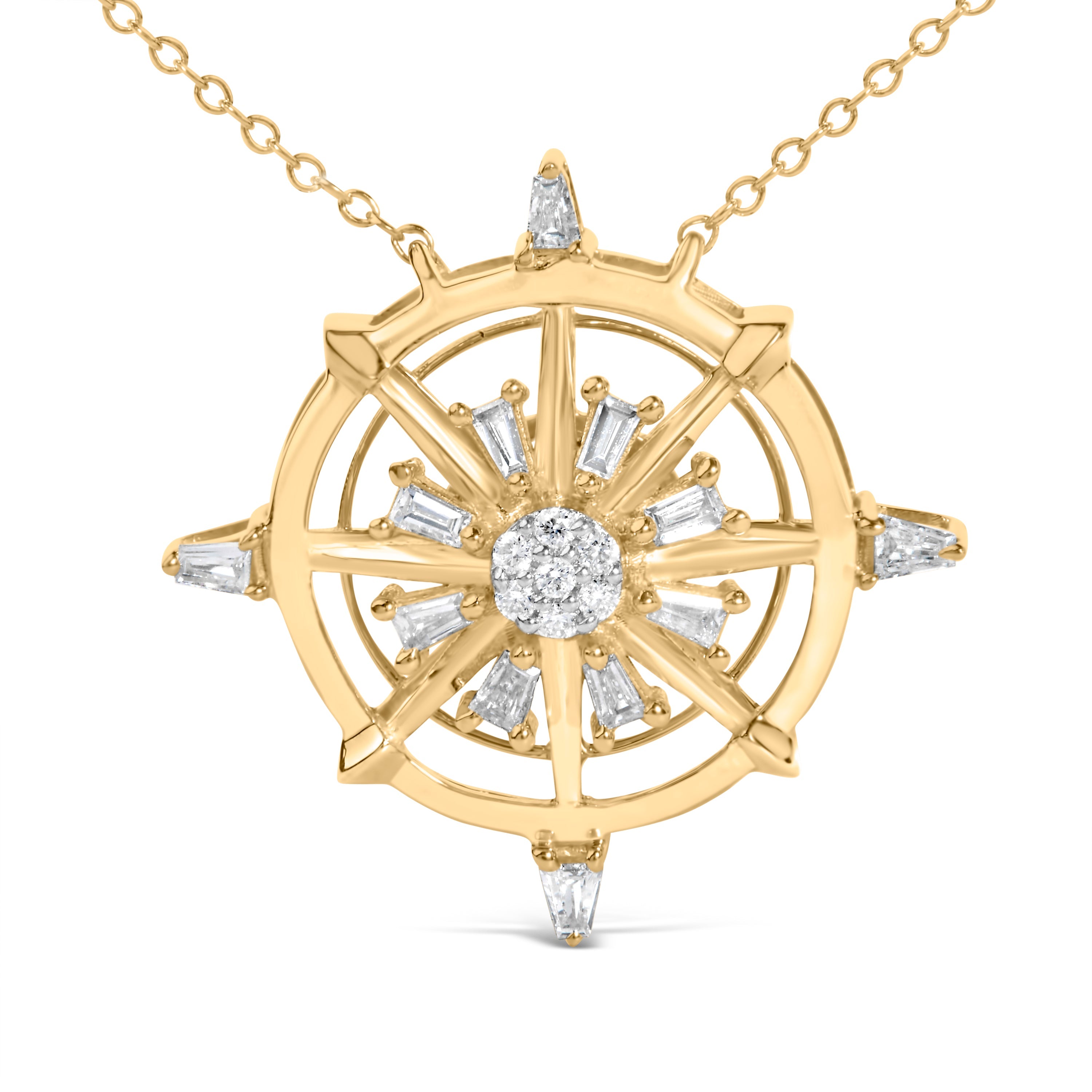 14K Yellow Gold Plated Sterling Silver 1/3 Cttw Diamond Compass Pendant Necklace