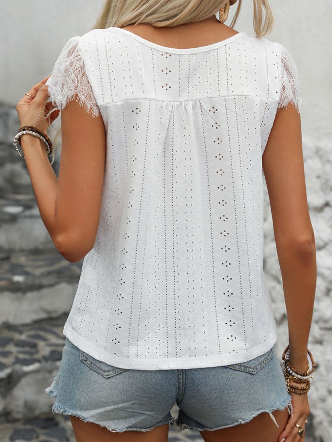 Eyelet Lace Detail V-Neck Cap Sleeve Top.