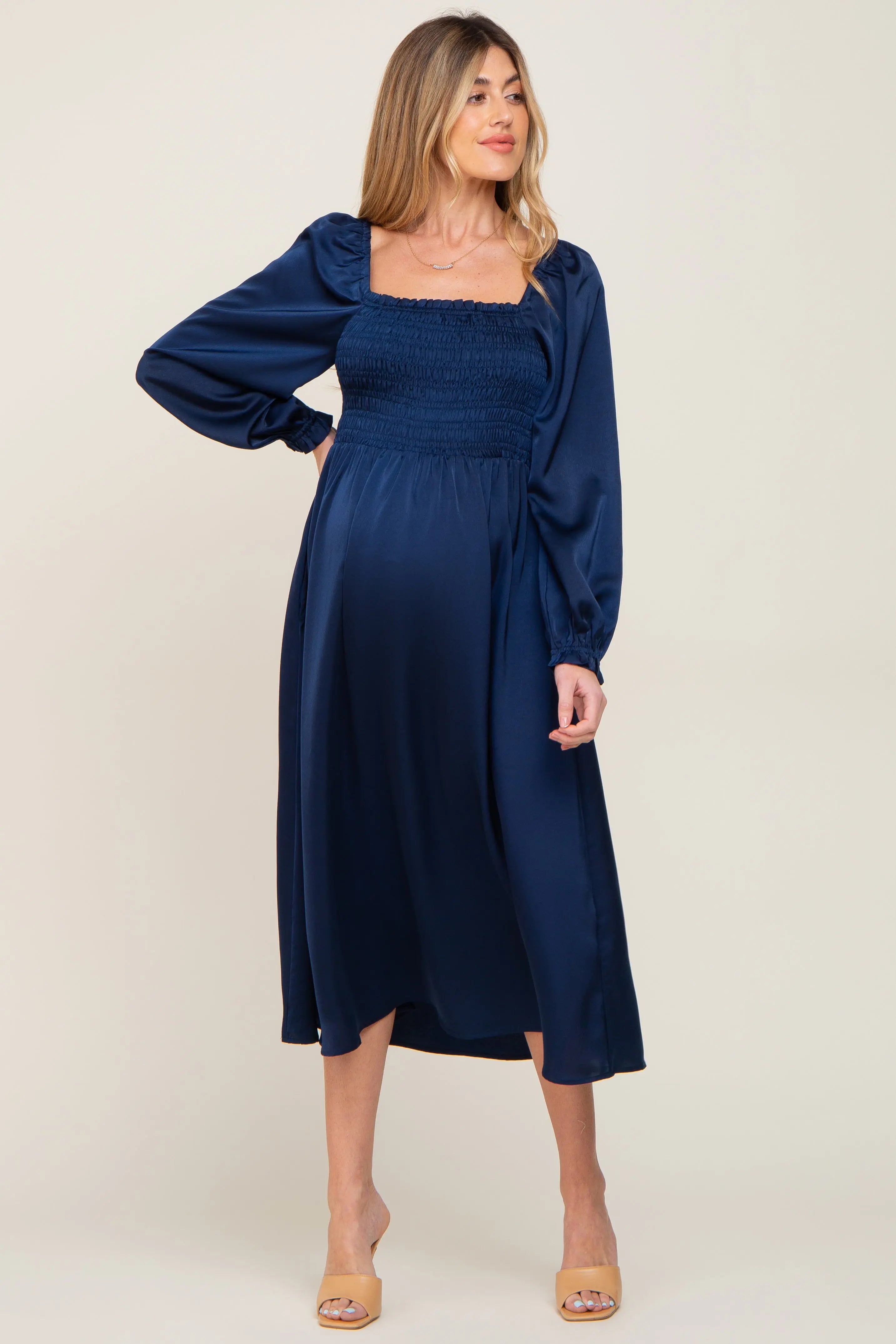 Navy Blue Smocked Square Neck Satin Maternity Midi Dress PinkBlush