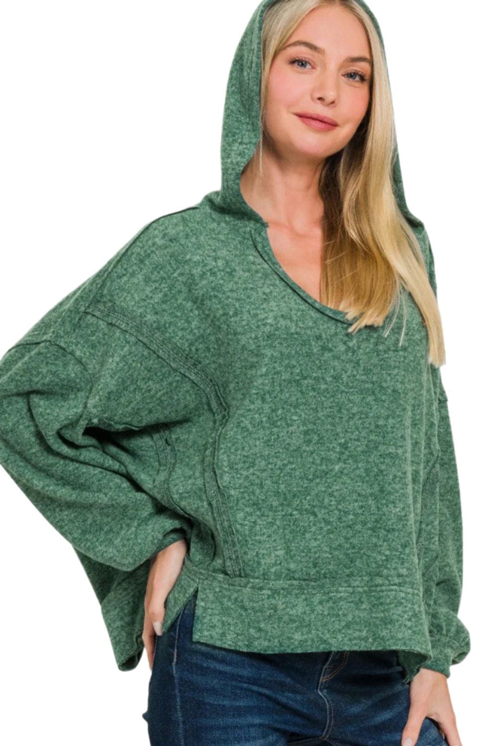 Cozy chic: Zenana brushed hacci hoodie with exposed seams